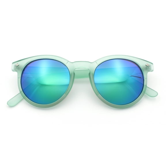 Retro Iconic Color Mirror Round Horn Rim Hipster Plastic Sunglasses Mint - Teal Mirror