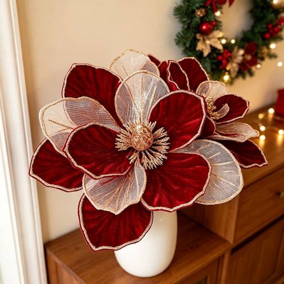 Torqee Artificial Poinsettia Flowers,Christmas Fake Floral Stems with Velvet Petals,Red Berry Winter Holiday Wedding Home Decor,Burgundy,8.7x8.7in