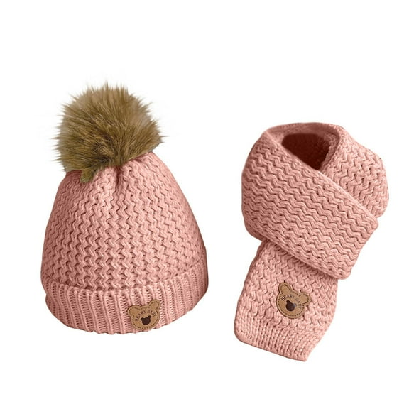 2Pcs Kids Hat and Scarf Set, Cute Bear Winter Knit Warm Soft Pom-Pom Beanie Outdoor for Boys Girls and Toddlers