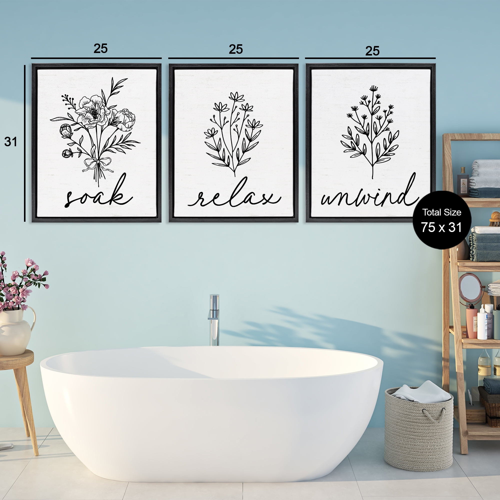 Bathroom Herbs for Relaxation 3 Piece Black Framed Floater Canvas Set, design by Lettered and Lined