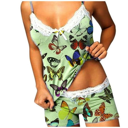 

YANHAIGONG Women Pants Summer Shorts Pants For Women 2201 Women Print Pajamas Sleeveless Lace Cami Shorts Lingerie Sleepwear Set