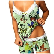 EQWLJWE Women Pants Summer Shorts Pants For Women 2023 Women Print Pajamas Sleeveless Lace Cami Shorts Lingerie Sleepwear Set