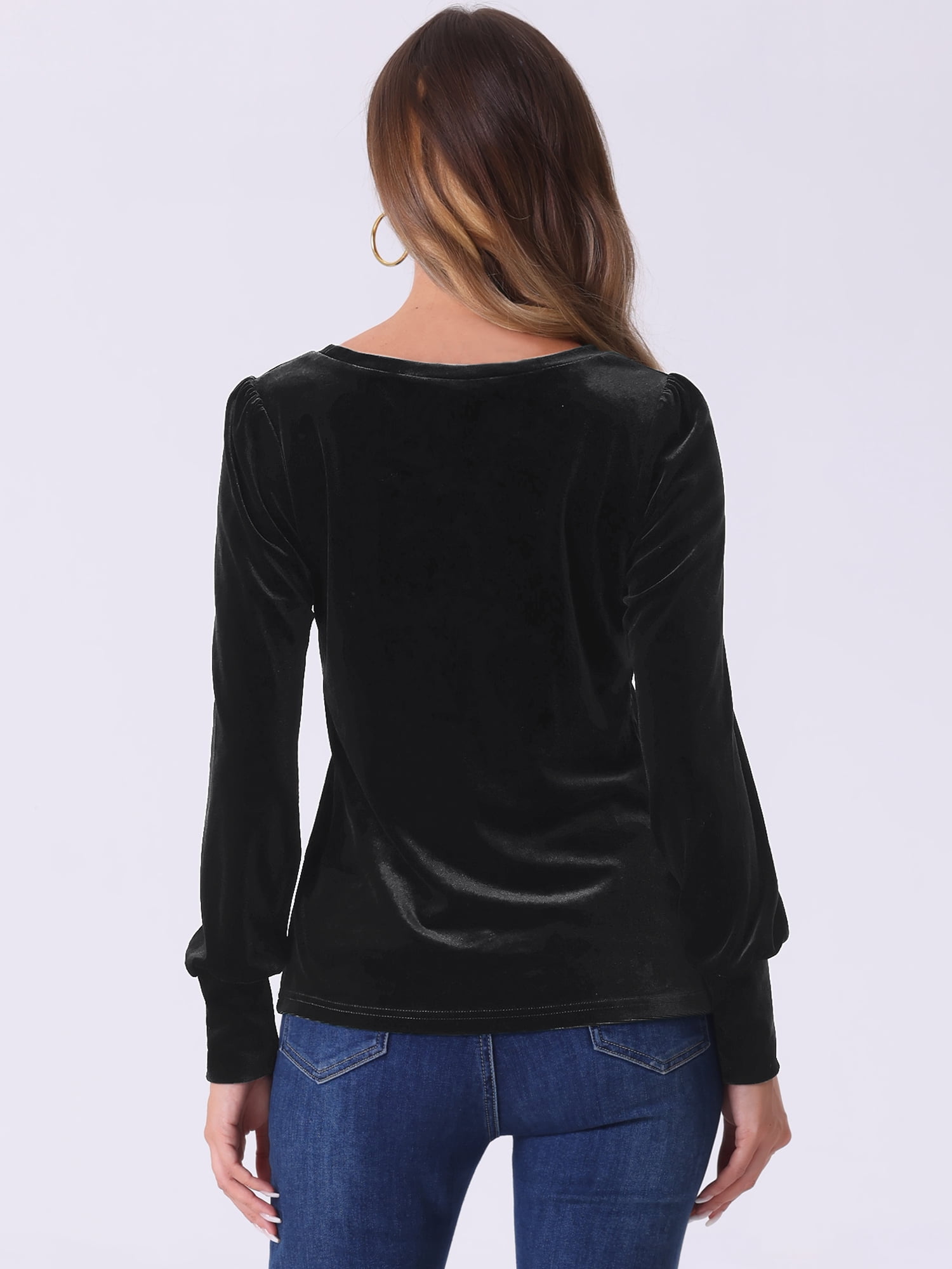 DARING DIVA Women's Velvet Crew Neck Puff Long Sleeve Blouses M Black