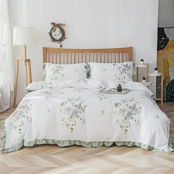 Move Over Flowers Ruffle Duvet Cover Set King Botanical Bedding Sets Floral Pattern Microfiber No Filling