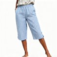thumbnail image 5 of Women High Waist Casual Wide Leg Long Pants Plaid Capri Pants with Pockets Elastic Waist Beach Trousers Pants, 5 of 6