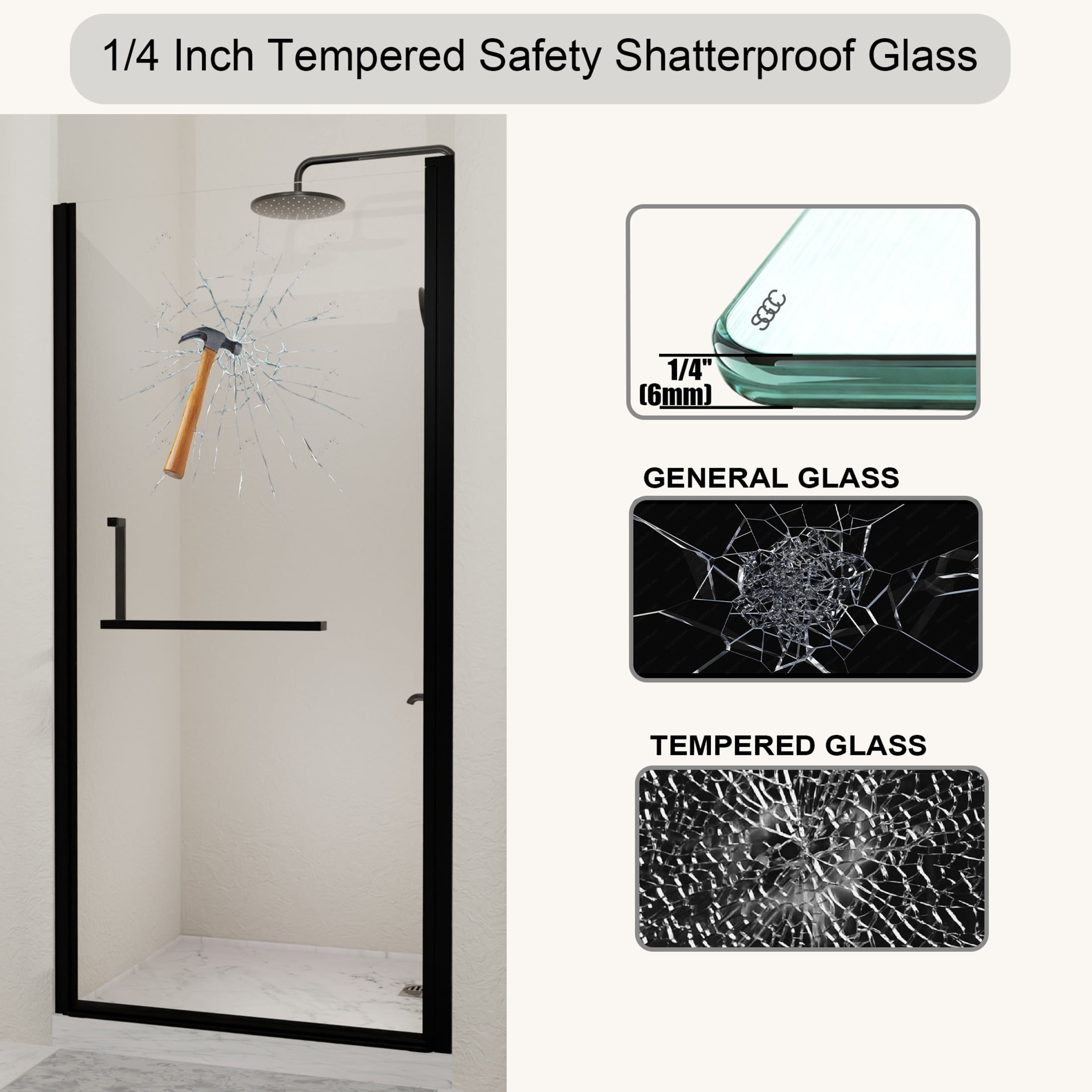 Noble House 33" Semi-Frameless Pivot Shower Door, Tempered Clear Glass, Reversible Adjustable Width, Matte Black