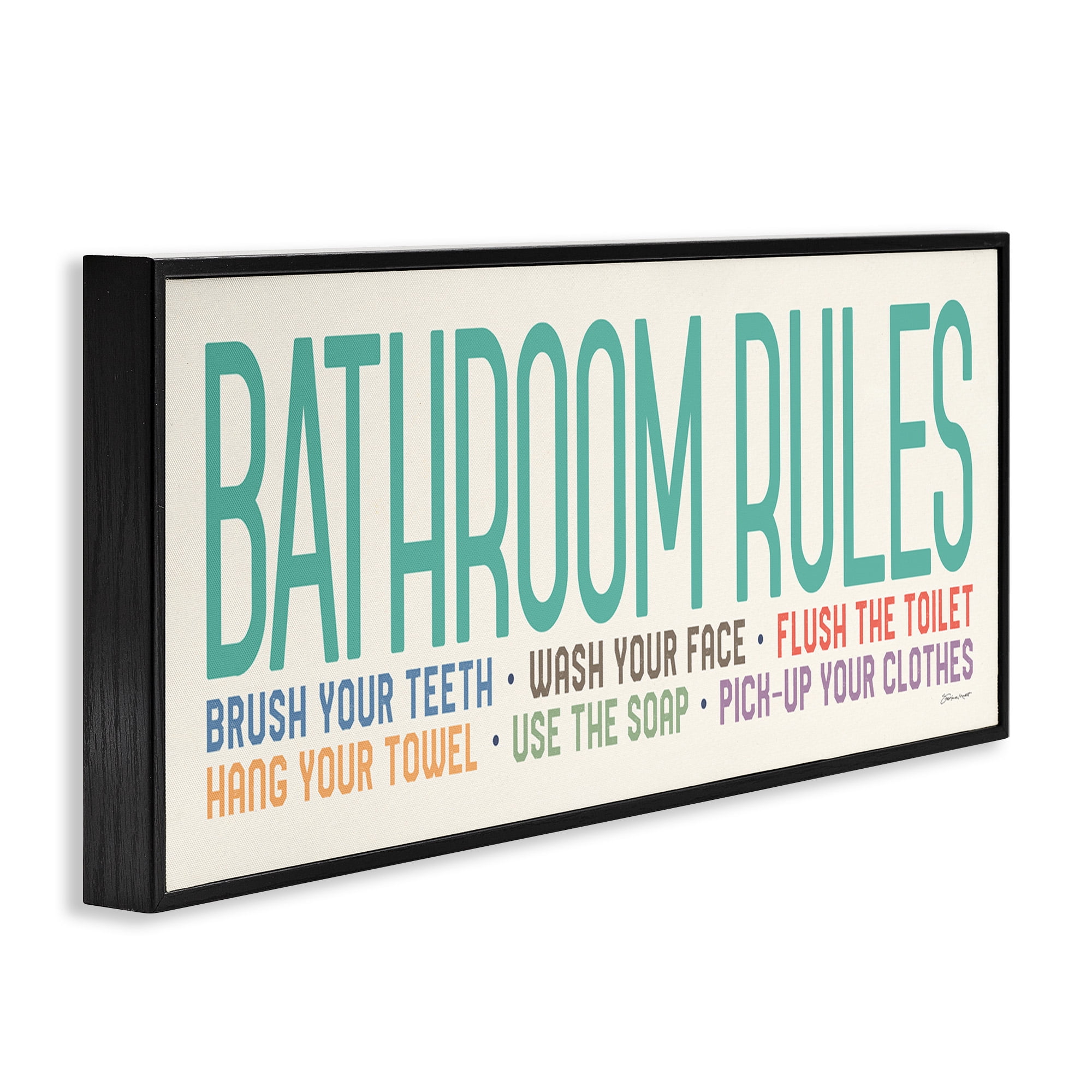 Stupell Industries Bathroom Rules with Teal Text Abstract Painting Black Framed Art Print Wall Art, 30 x 13