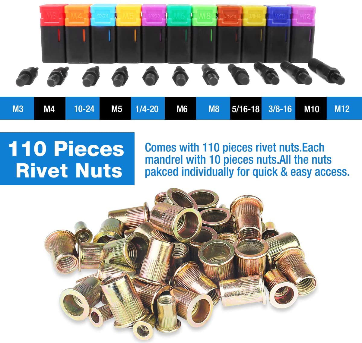 Patend 16 Inch Hand Rivet Nut Tool Professional Rivet Nut Setter Kit with 11PCS Metric & Inch Mandrels,110PCS Rivet Nuts 