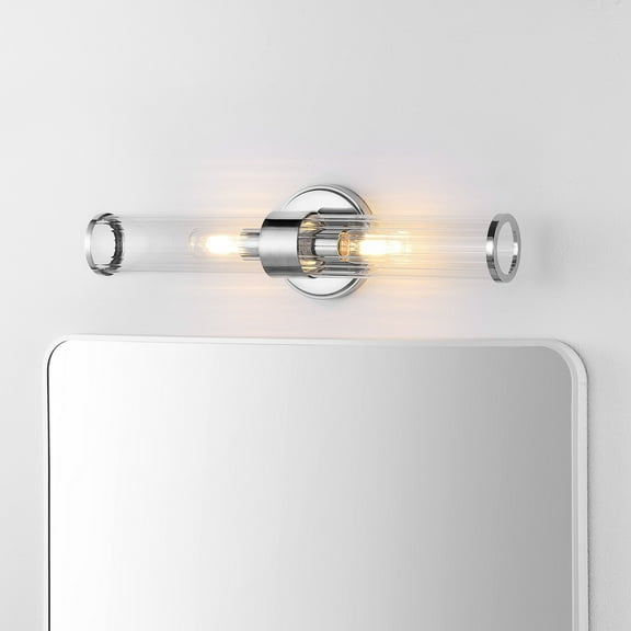 Cecil 23" 2-Light Tall Cylinder Iron/Striped Glass Modern Mid-Century LED Vanity, Chrome