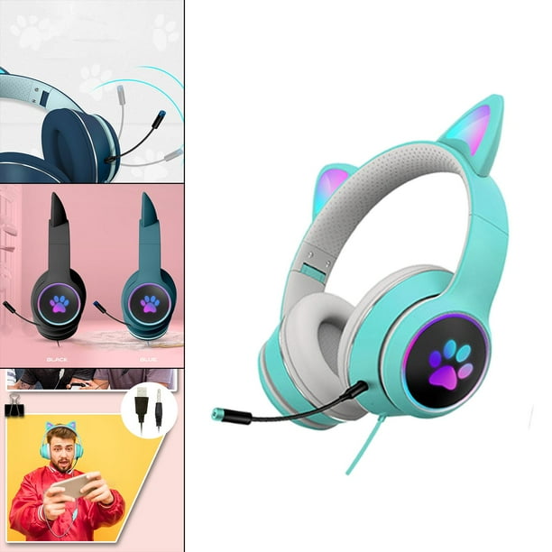 s Plegables con Cable para de Gato Y Micrófono con Sonido Estéreo de 3,5 Mm, Luz LED RGB de 7,1 Canale Lindos s para Jueg - Azul