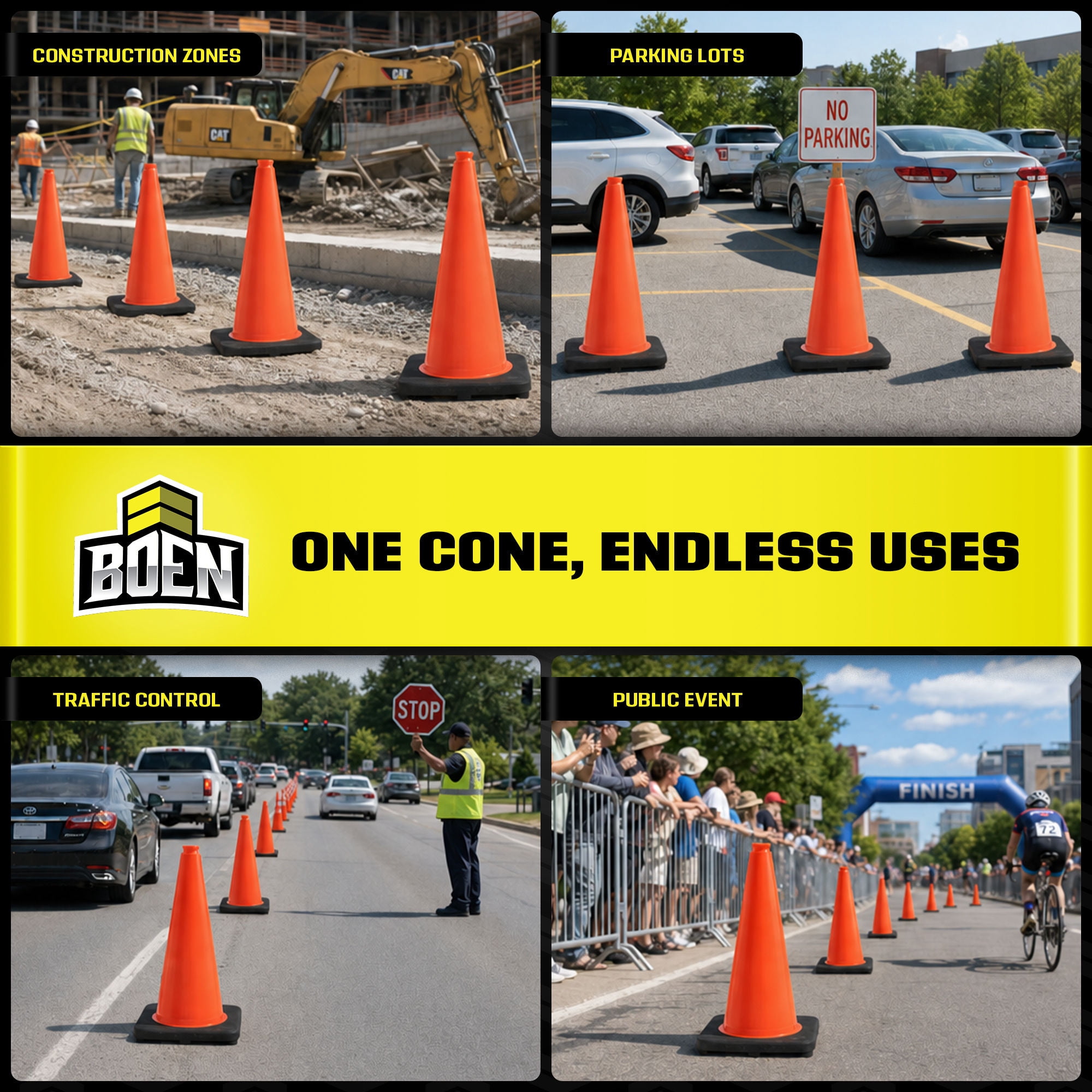 BOEN 18 in Orange Non-Reflective Traffic Cones for Parking Safety, 12 Pack