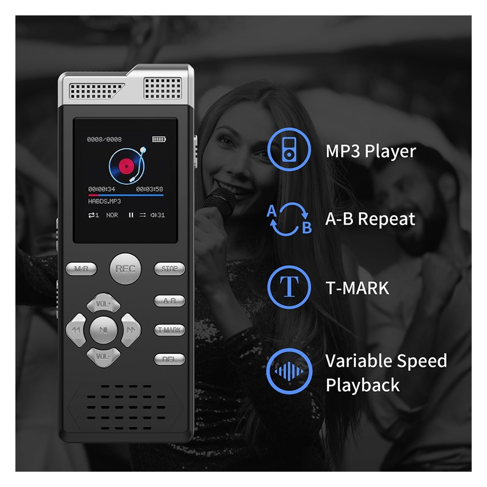 Voice Activated Dual Microphone Recording Password Protection Digital Voice Recorder  Music Player