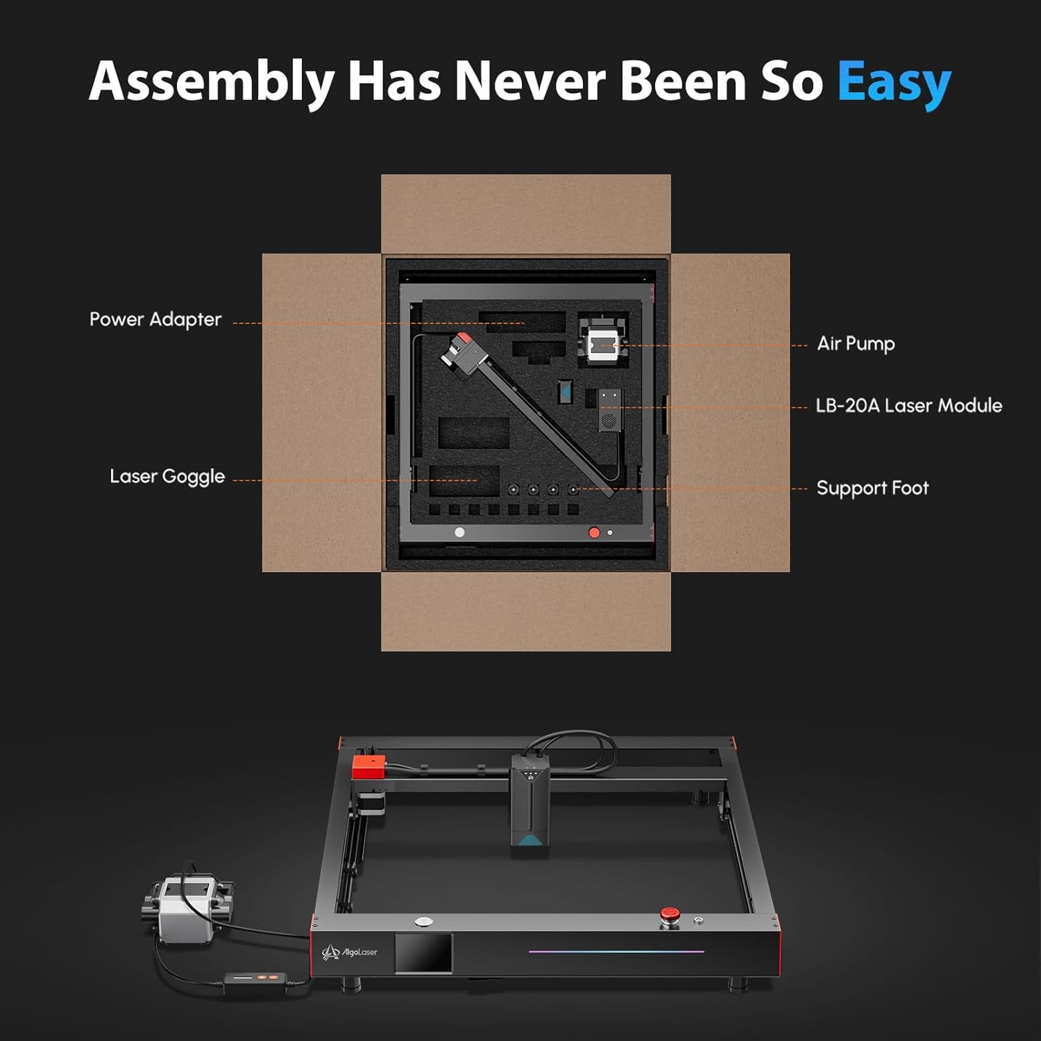 Algo Delta All-in-One Kit with 22W Engraver, Air Assist & Honeycomb for Engraving Cutting Machine, Lightburn Camera, RR2 Rotary, 3.5" Touch Screen Engraver for Dark Acrylic, Wood and Metal