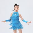 thumbnail image 5 of Doomiva Kids Girls Sequins Tassel Latin Ballroom Dance Dress Fringe Figure Skating Dress with Gloves Dancewear Sky Blue 13-14, 5 of 7