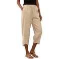 thumbnail image 2 of Hurxie Capris Pants for Women Cotton Linen Sweatpants Casual Summer Straight Wide Leg Loose Drawstring Elastic Trouser Khaki,M, 2 of 7