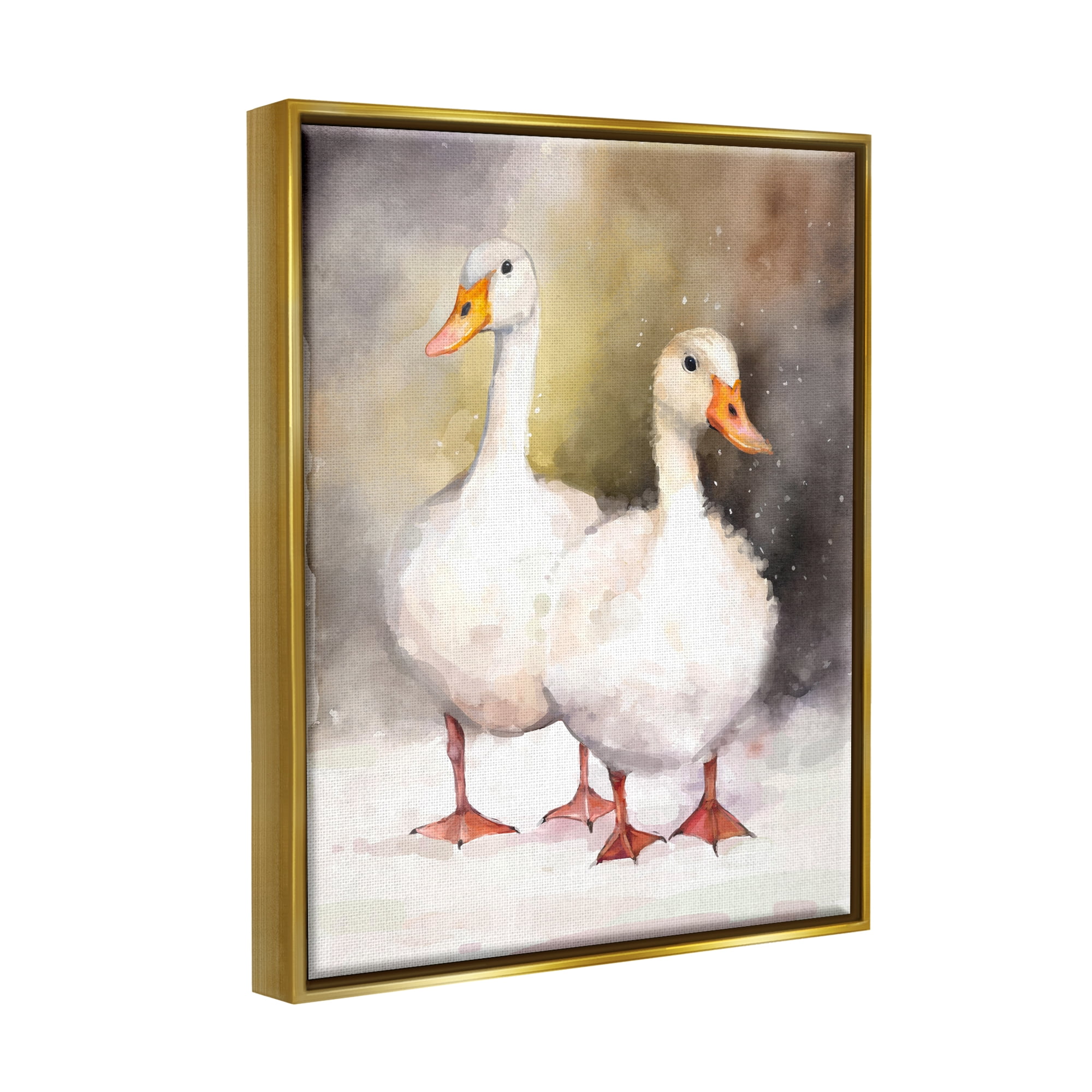 Stupell Industries Two White Ducks in Snow Animals & Insects Painting Gold Floater Framed Canvas Art Print Wall Art, 17 x 21