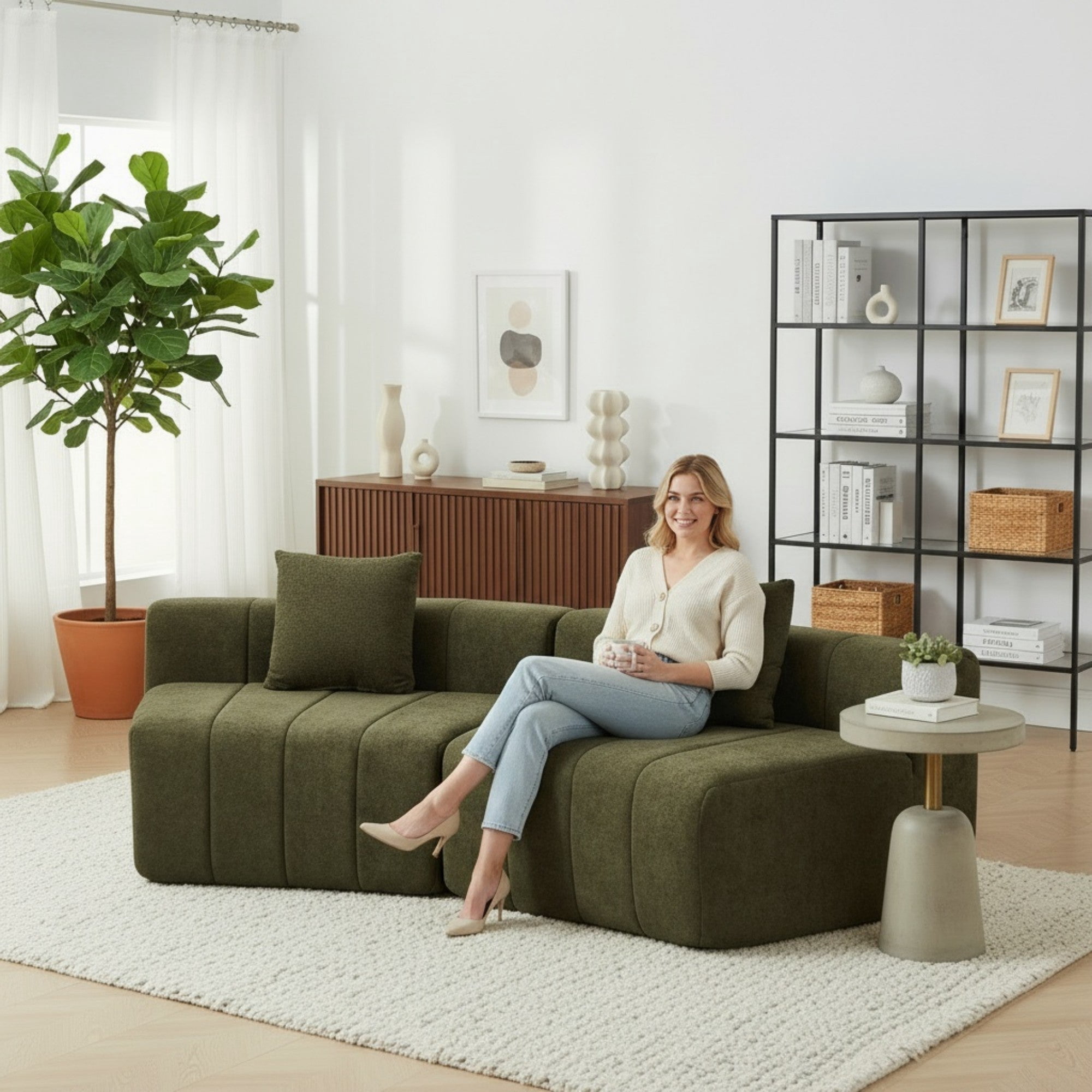 Sailvan Chenille Semi Circular Sofa Sectional, Curved Symmetrical Modular Couch with 2 Pillows for Living Room, Office, No Assembly Required Green