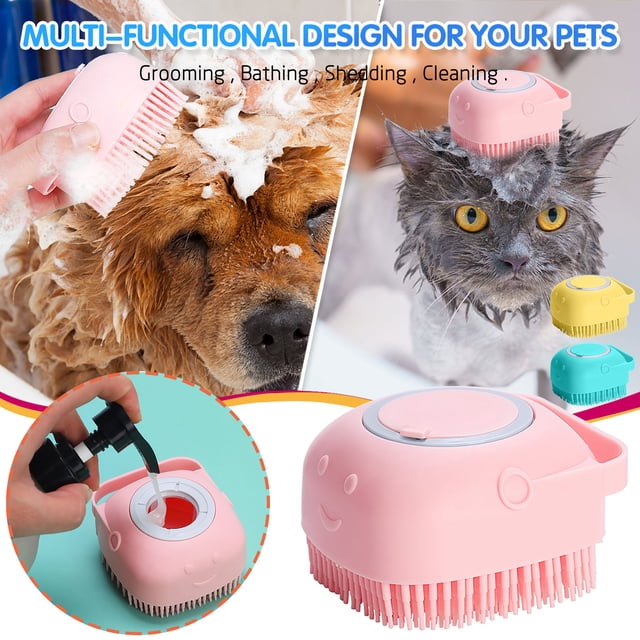 Fiudx Cepillo de Baño Suave para Mascotas, Dispensador de Champú de Doble Función, Diseño de Agarre Antideslizante, Masaje Cómodo para Perros y Gatos, Fácil de Usar, Tamaño Compacto, 8,5 X 8,5 X 5,5