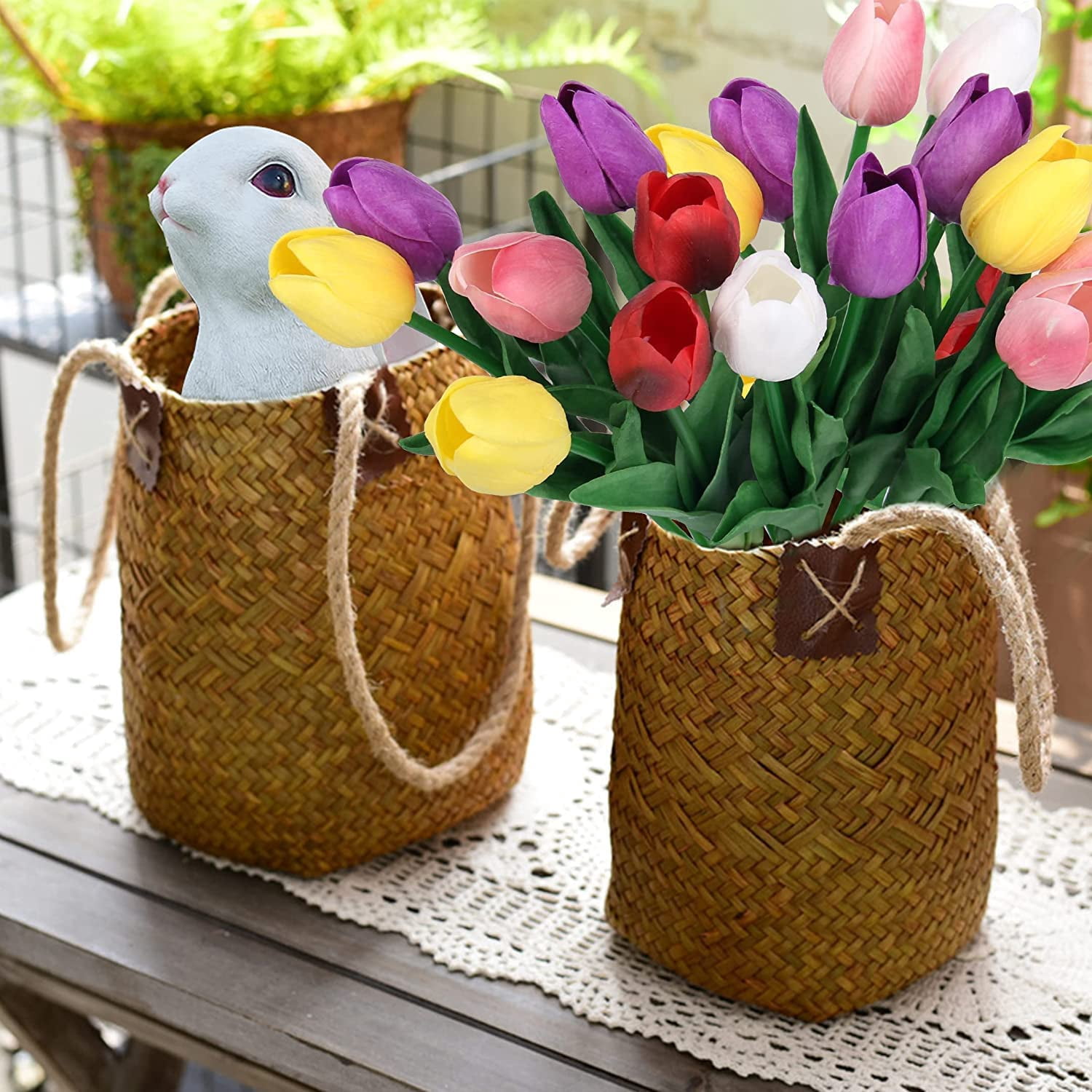 HAOSHICS 30pcs Artificial Tulips Flowers Fake Latex Tulip Stems - Real Touch Faux Colorful,for Easter Spring Wedding Bouquet Centerpiece Floral Arrangement Wedding Table Decor (Multi-color02)