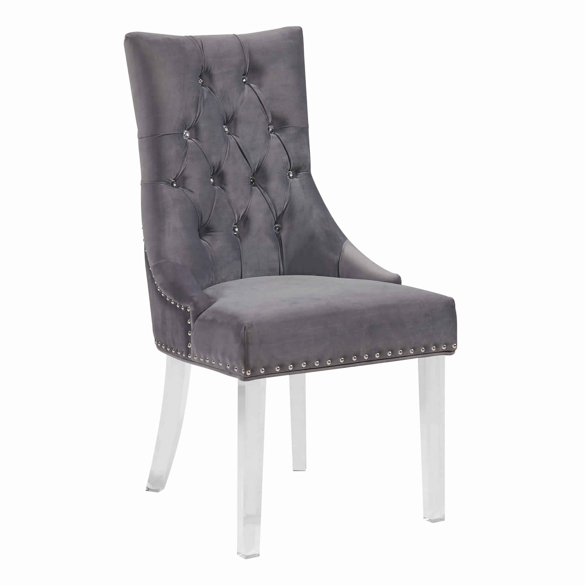 Velvet Upholstered Button Tufted Dining Chair with Acrylic Legs, Gray