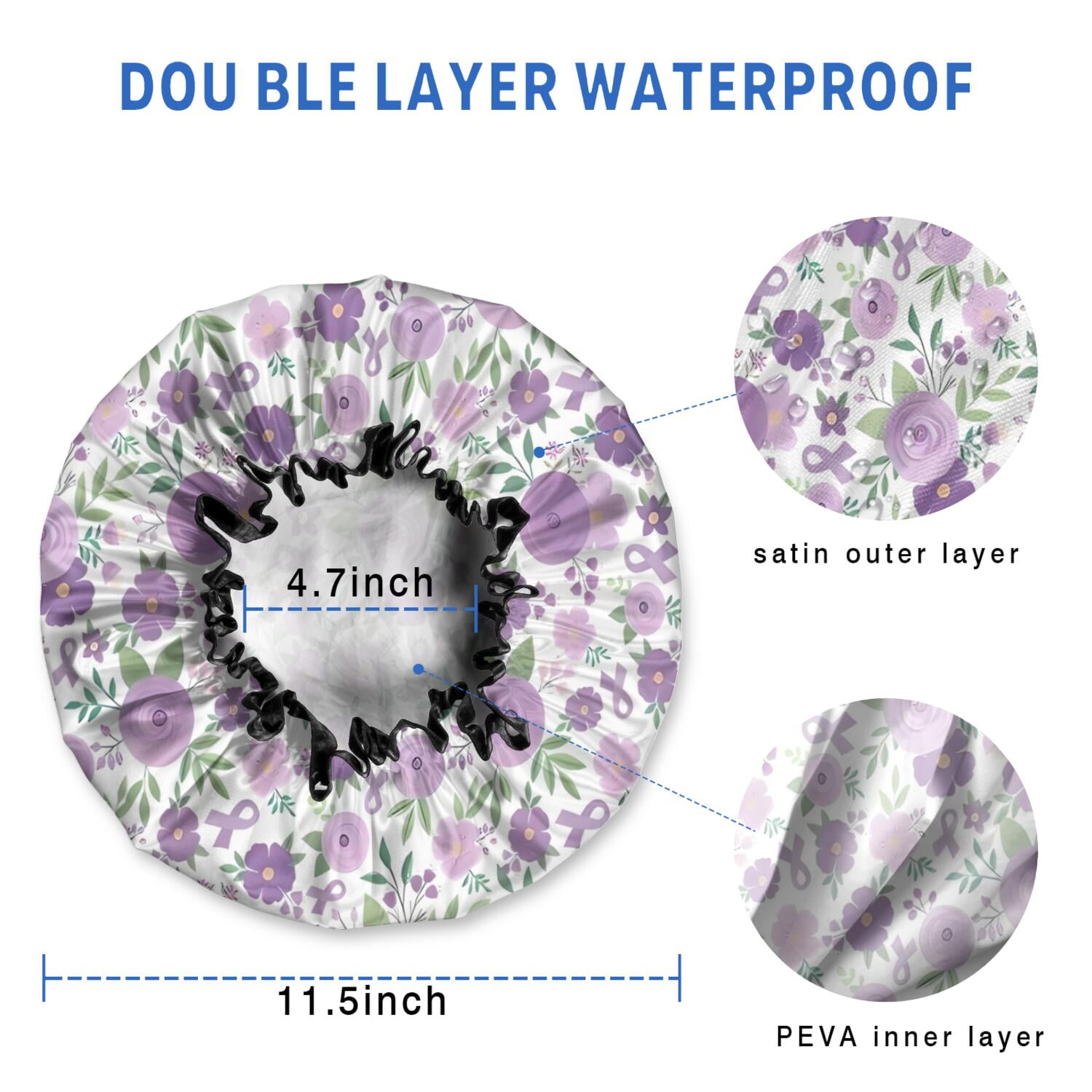 Shower Caps,Pioneer Flower Floral Print Pattern Waterproof Shower Cap for Women 4 Pieces,Double Reusable Hair Cover for Shower PEVA Elastic Stretch Hem
