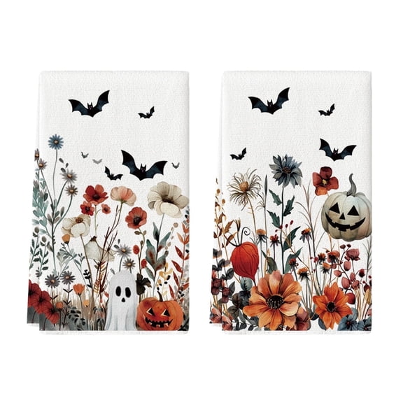 Sm:)e Ghost Pumpkins Bats Floral Spooky Halloween Kitchen Towels Dish Towels, 18x26 Inch Jack-O'-Lantern Decoration Hand Towels Set of 2