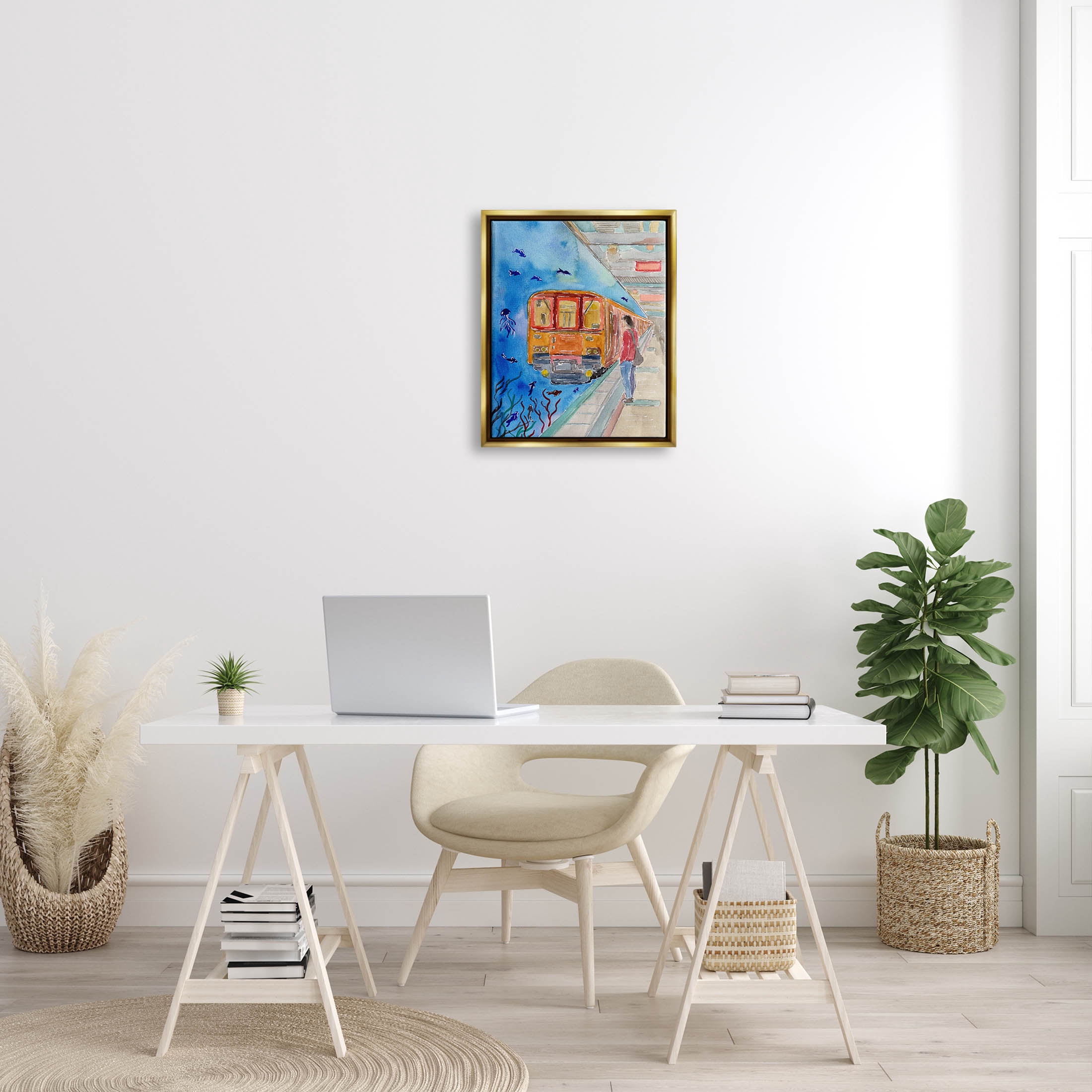 Underwater Aquarium Subway Train Landscape Painting Metallic Gold Framed Art Print Wall Art