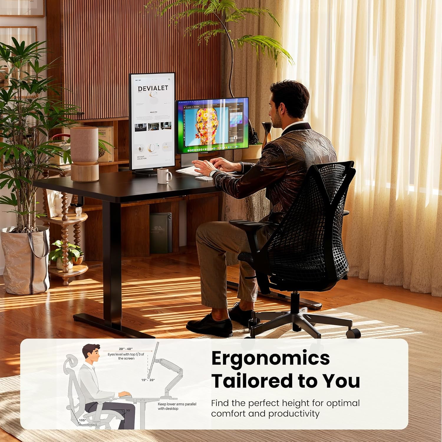 Kyspho Height Adjustable Electric Standing Desk, 55 x 28 Inches Sit Stand up Desk, Large Memory Computer Home Office Desk with Two-Piece Desktop (Black)