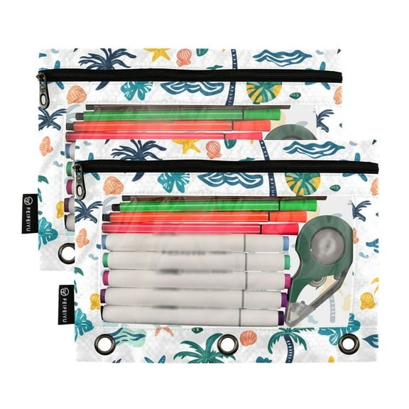 2 Pack Pencil Pouch for 3 Ring Binder Smooth Zipper Folders with Pockets Clear Window Pencil Case Palm Trees Shells Wave