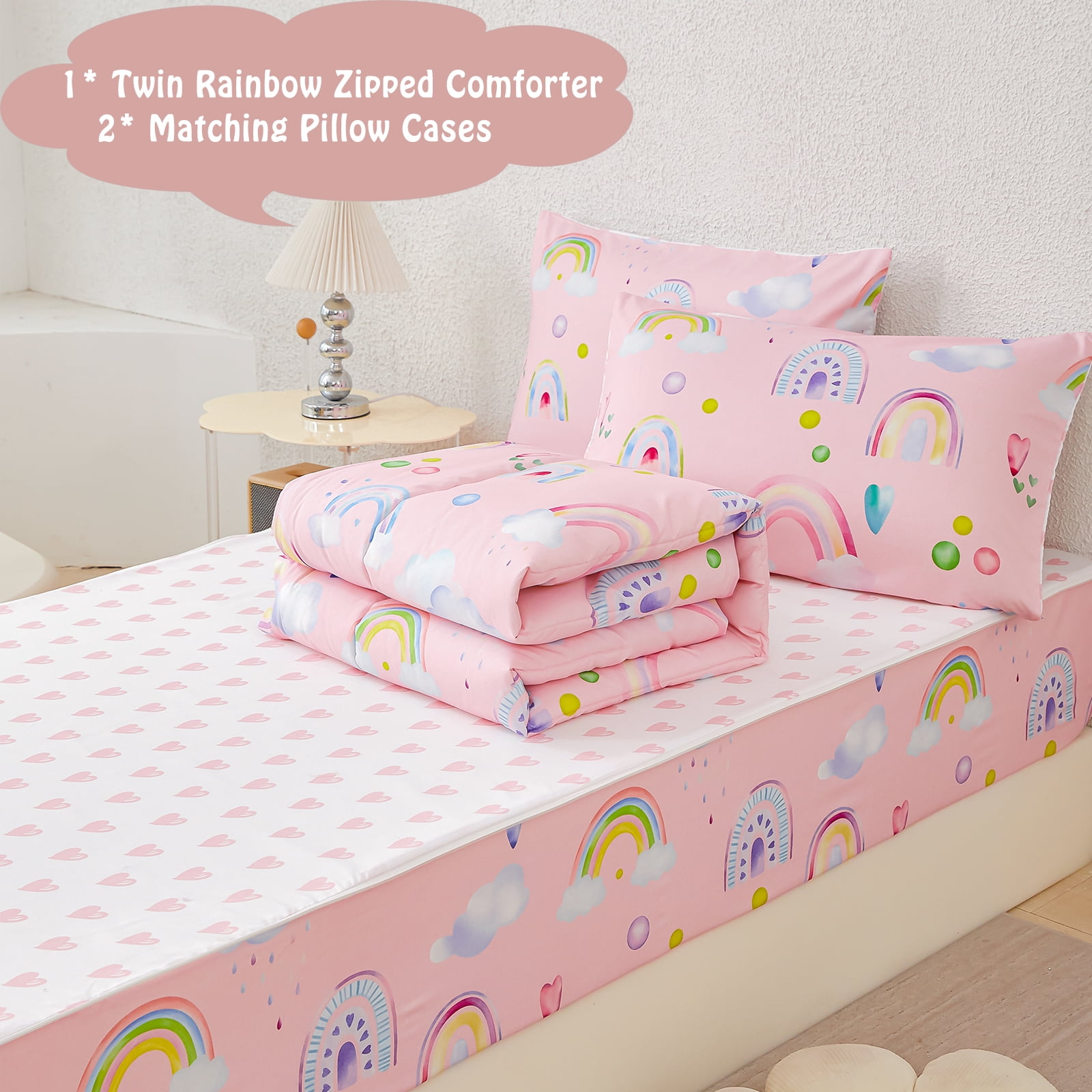 ZRNBAST Zipper Bedding Set for Girls, 3Pcs Pink Hearts Rainbow Twin Size Comforter with Fitted Sheet & Pillowcases, All-in-One Zipper Bed Set for Kids Room(Pink,Twin)