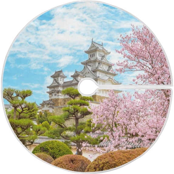 FMSHPON Himeji Castle Cherry Blossom Xmas Christmas Tree Skirt Stand Mat for Holiday Party Decoration Indoor Outdoor 48 inches