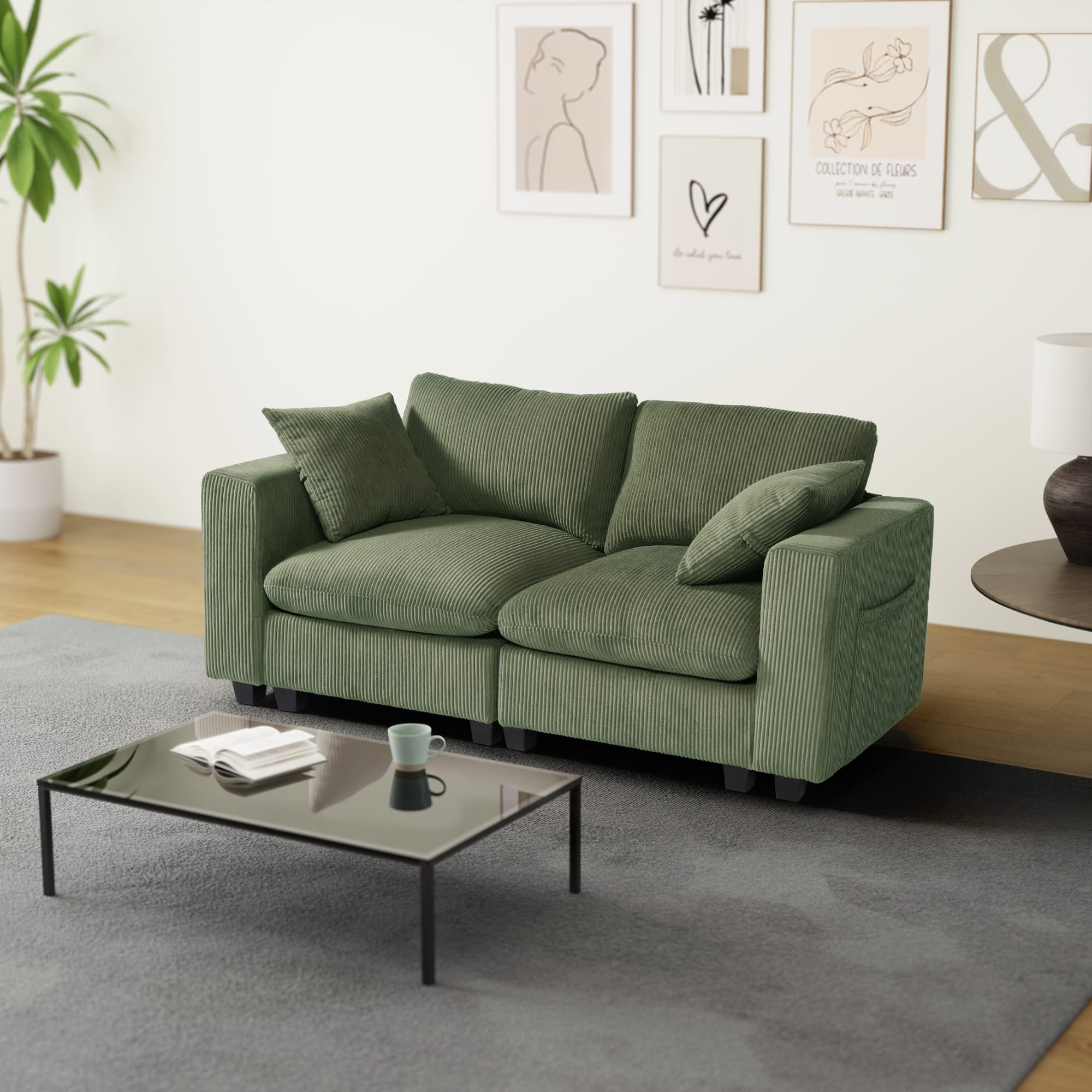 WestinTrends Hearthside 70" Modular Corduroy Loveseat Sofa With USB/Type-C Ports and Side Pockets, Olive Green