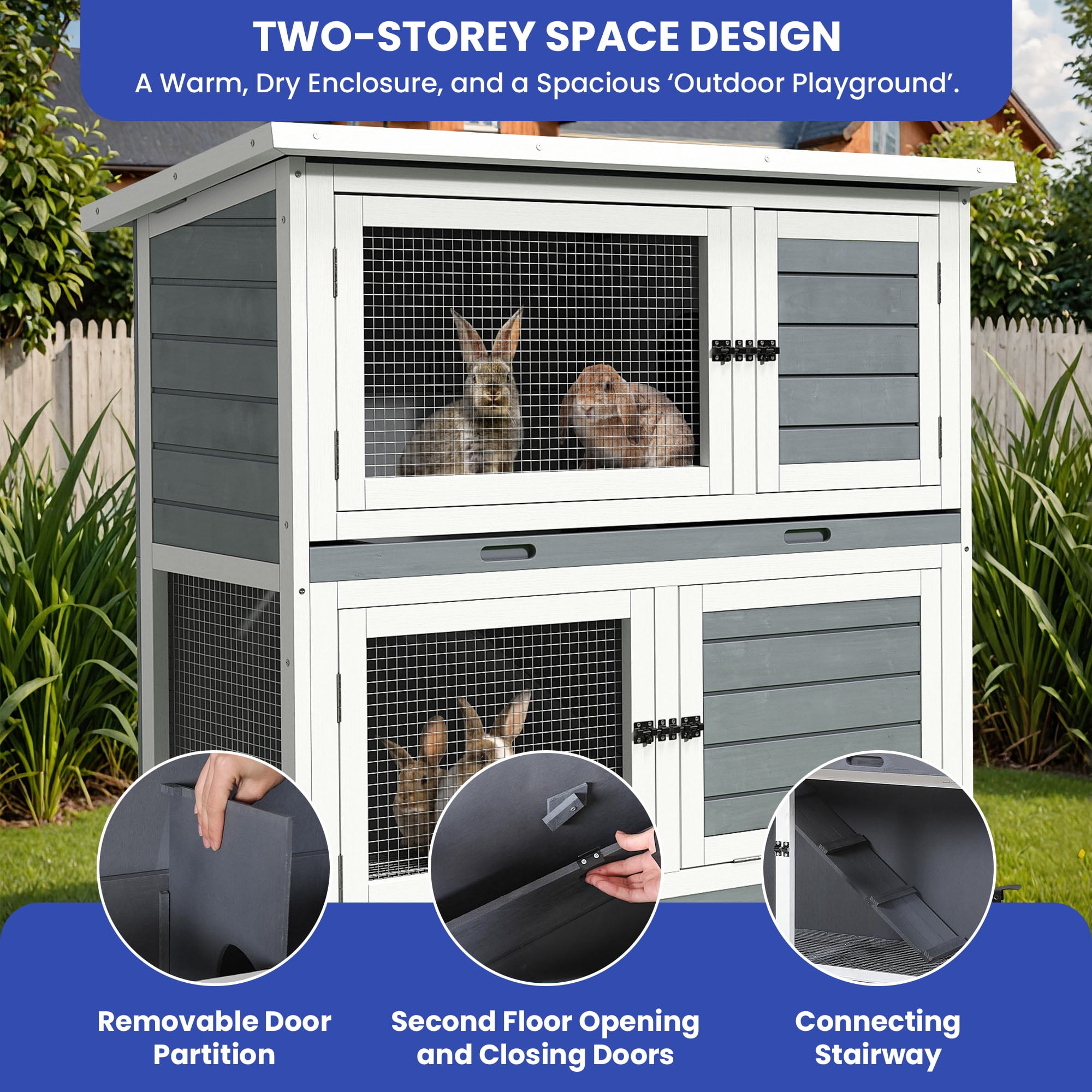 ModFusion 41" Portable Rabbit Hutch with Wheels, Opening Roof & Removable Tray for Indoor/Outdoor