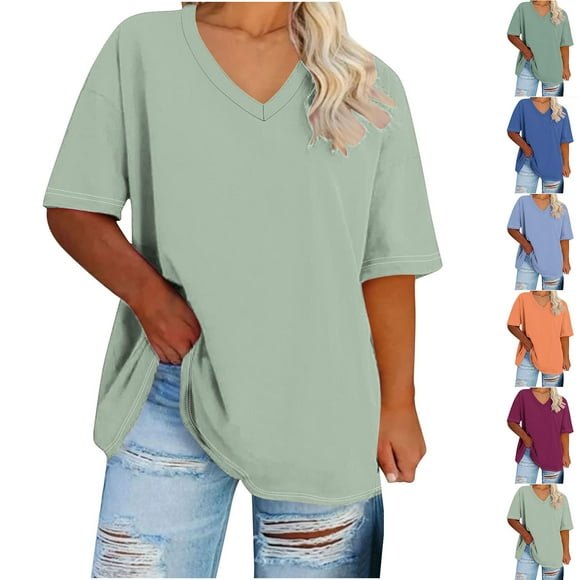 breaise Women Short Sleeve T Shirts Plus Size Summer Tops Causal Loose V Neck Blouses Basic Solid Tee Promociones exclusivas
