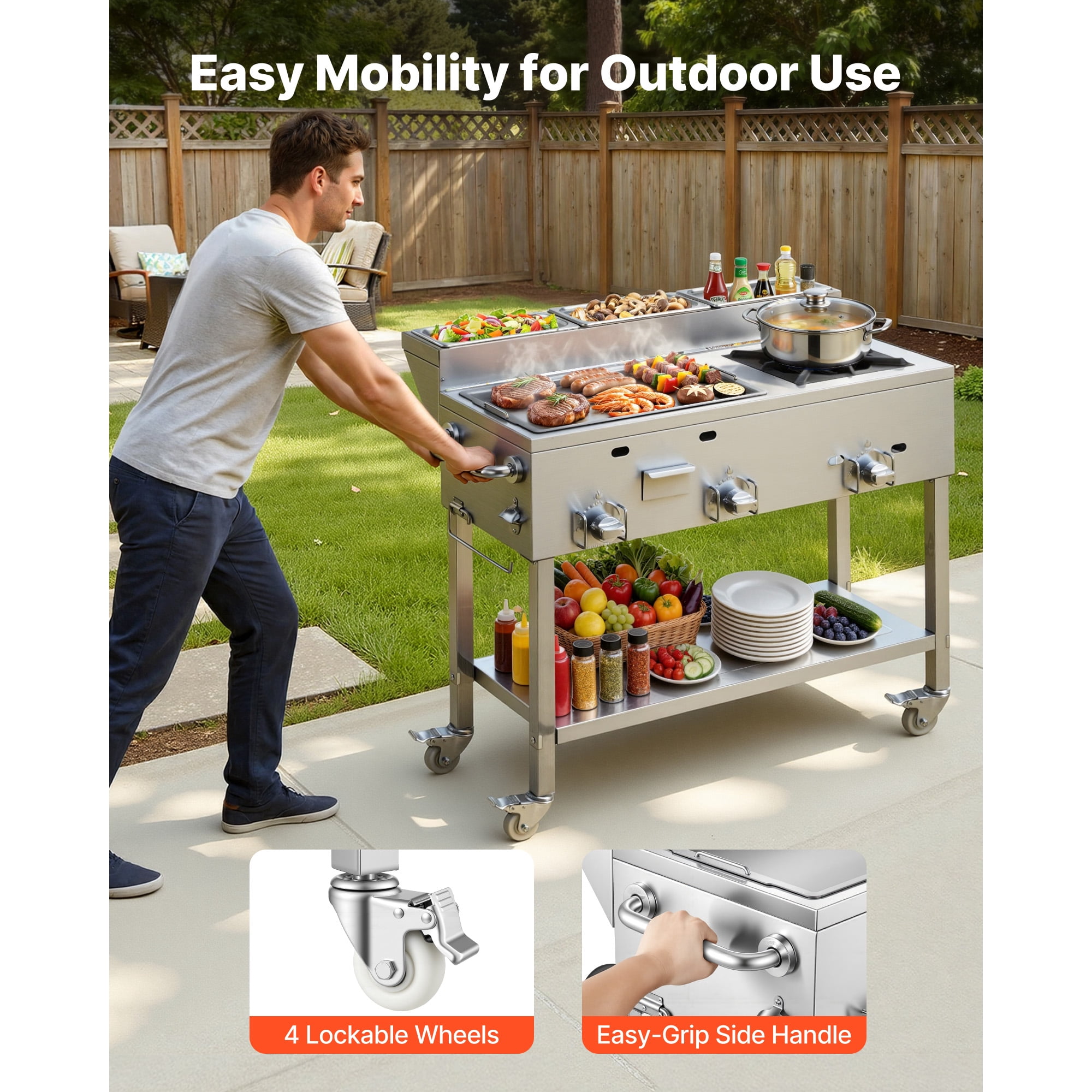 KFFKFF Outdoor Propane Griddle with 3 Burners (11,600 BTU Each), Stainless Steel Cooking Surface, Includes Three 1/3 Size Food Pans, Portable Cart with Wheels and Gas Stove