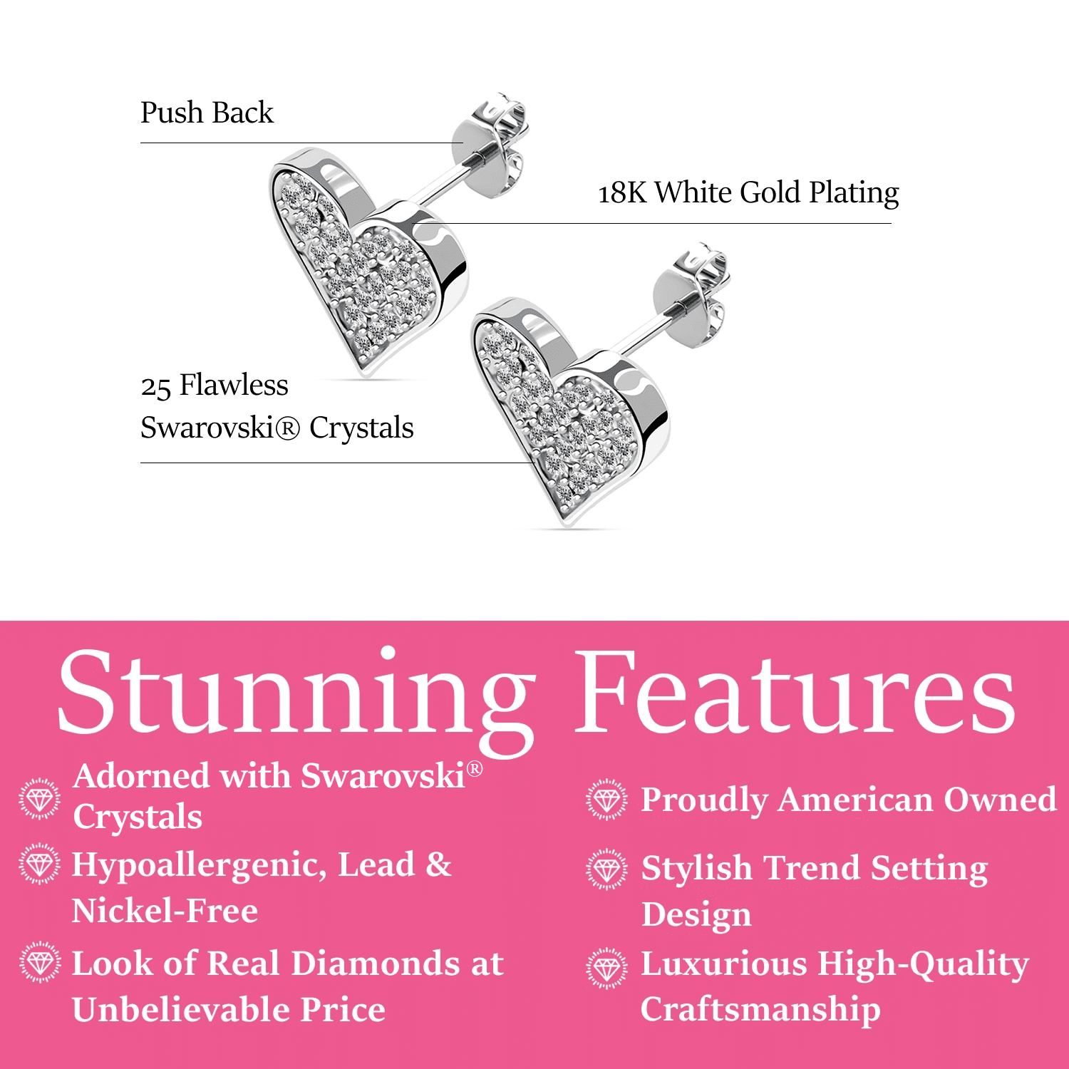 Cate & Chloe Cecilia 18k White Gold Plated Silver Stud Earrings with Swarovski Crystals for Women