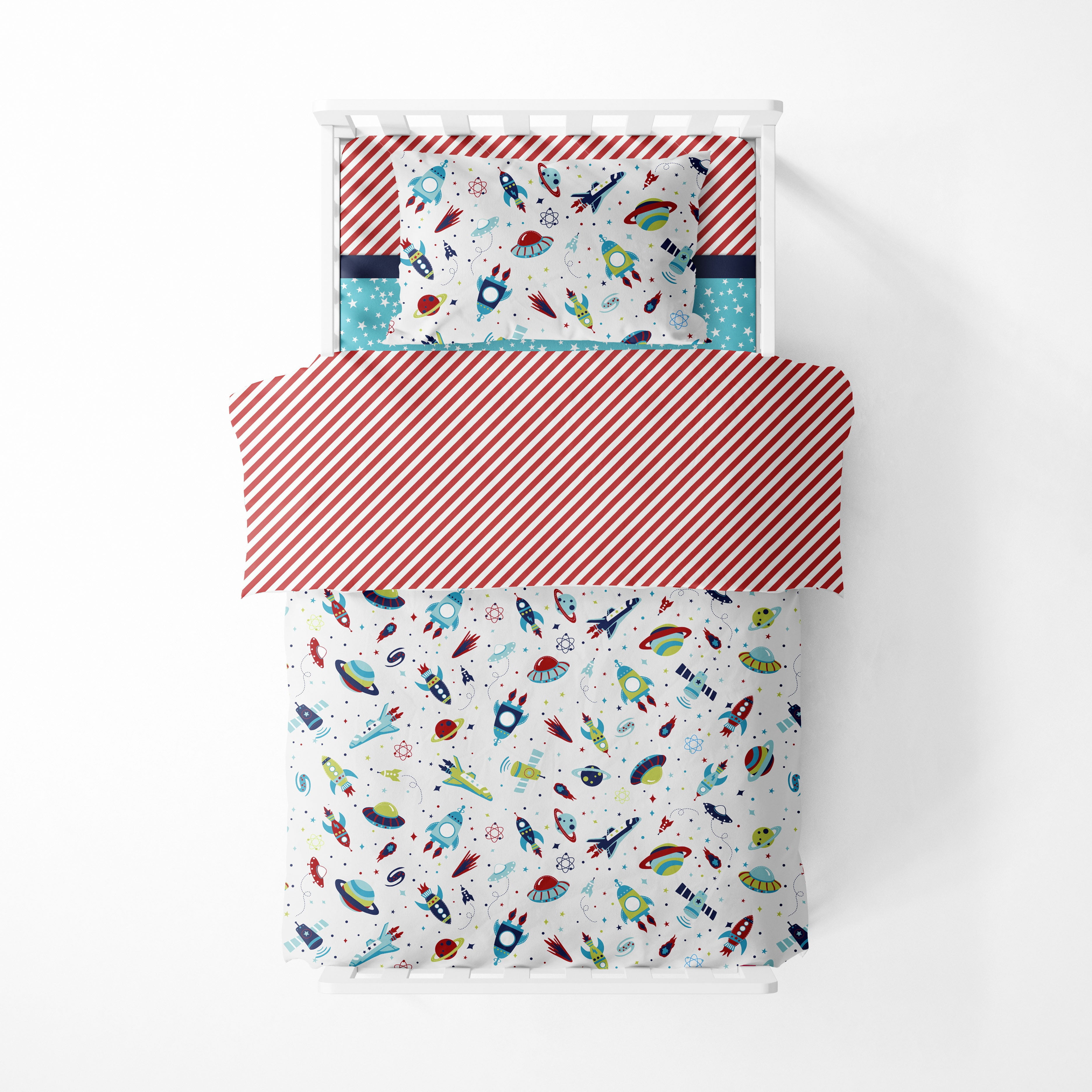 Bacati - Boys 4 pc Toddler Bedding/3 pc Sheet Set 100% Cotton Percale, Airspace Aqua/Red/Orange/Green/Navy