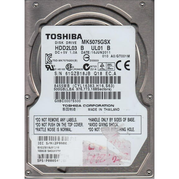 MK5075GSX, A0/GT001M, HDD2L03 B UL01 B, Toshiba 500GB SATA 2.5 Hard Drive