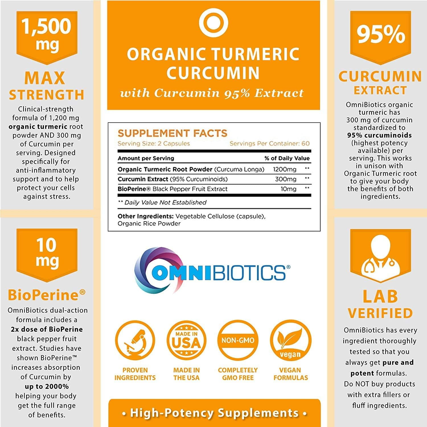 OmniBiotics Organic Turmeric Curcumin Supplement with Black Pepper Extract – 1500mg Turmeric with 95% Curcuminoids & BioPerine, High Absorption for Joint Support – 120 Vegan Capsules