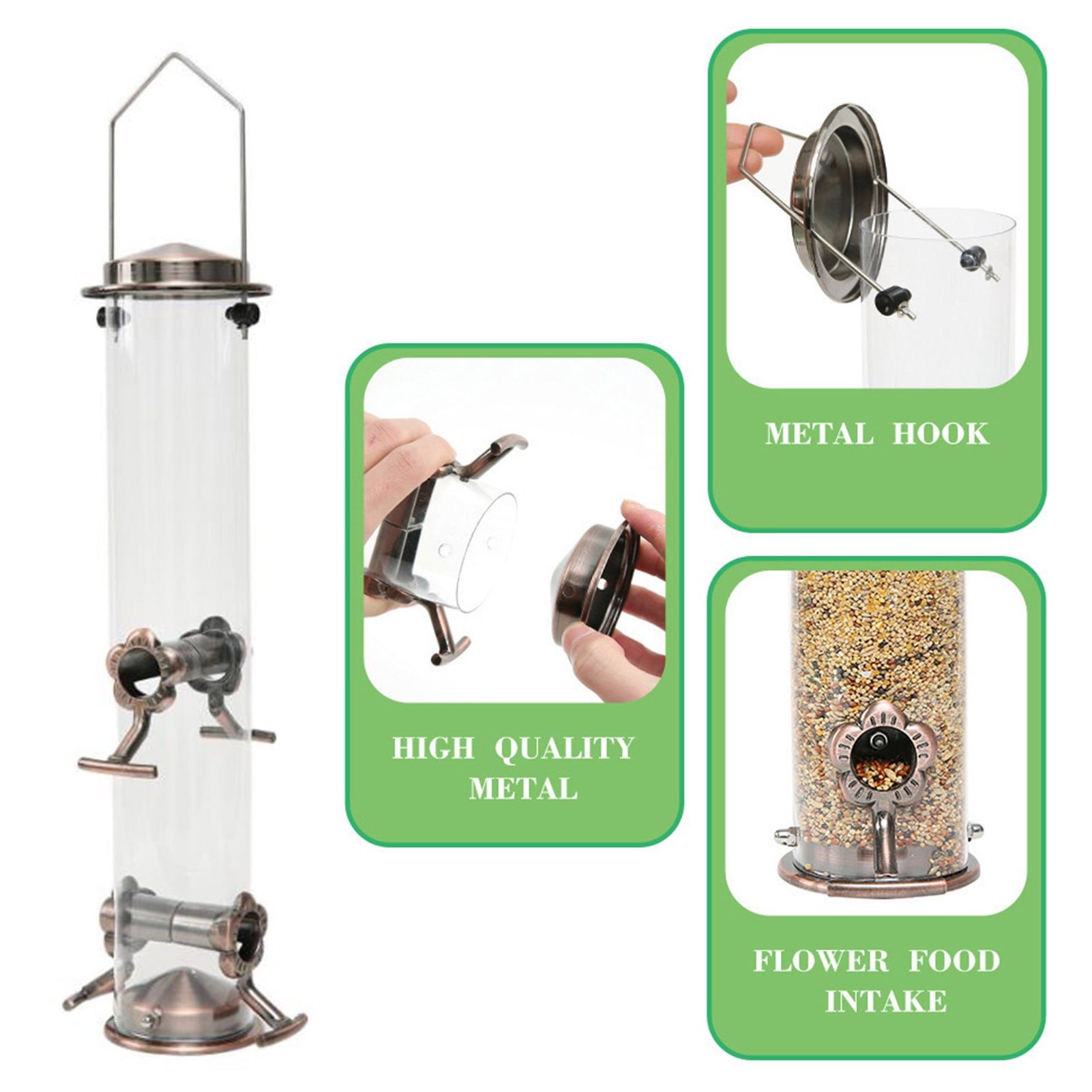 Opvise Outdoor Hanging Metal Bird Feeder Four Ports Large Capacity Clear Visible Weather-proof Waterproof Yard Garden Bird Feeding Device transparent