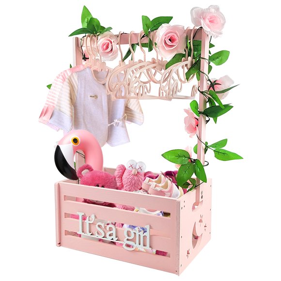 Cajón de madera para baby shower Sibosen rosa con 10 perchas