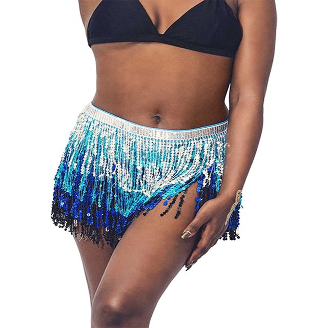 Jupe Ventre pour Femmes Jupe Mini à Franges Pailletées avec Sangles de Taille Réglables pour Danse Performance Rave Party