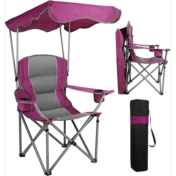Folding Camping Chair With Canopy Sun Shade, Portable Heavy Duty Beach Seat With Cup Holders And Armrests, Outdoor Travel Recliner For Fishing Picnic Lawn Sports, Purple