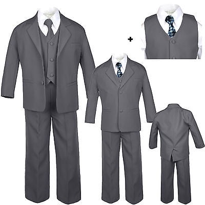 6PC Satin Necktie Baby Boy Toddler Kid Teen Formal Wedding Tuxedo Gray Suit S-20 