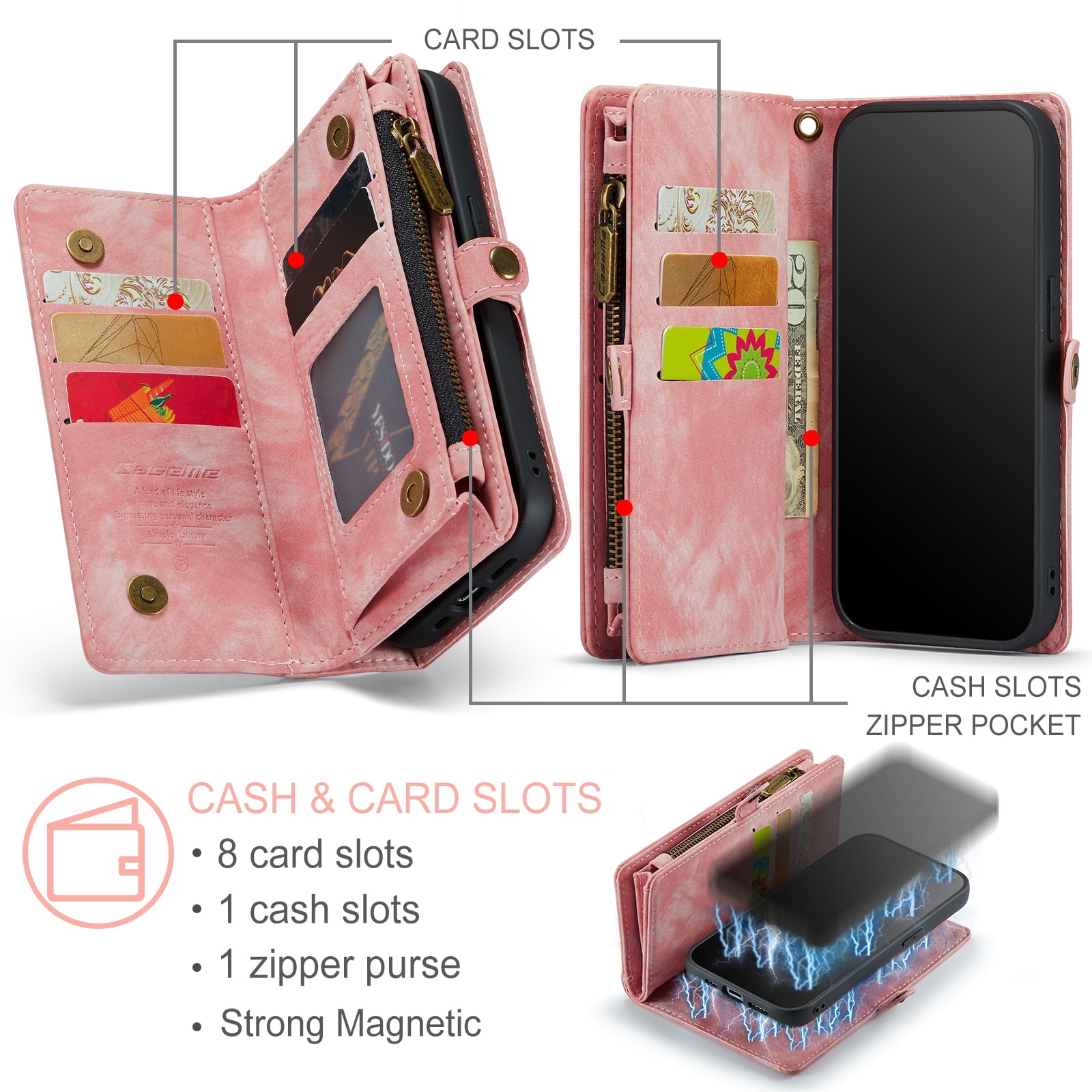 Feishell Durable 2-In-1 Magnetic Detachable Wallet Case for iPhone 12 / iPhone 12 Pro,for Women Men,Premium PU Leather Zipper Pocket Flip Multi Card Slots Purse Phone Case with Wrist Strap,Pink