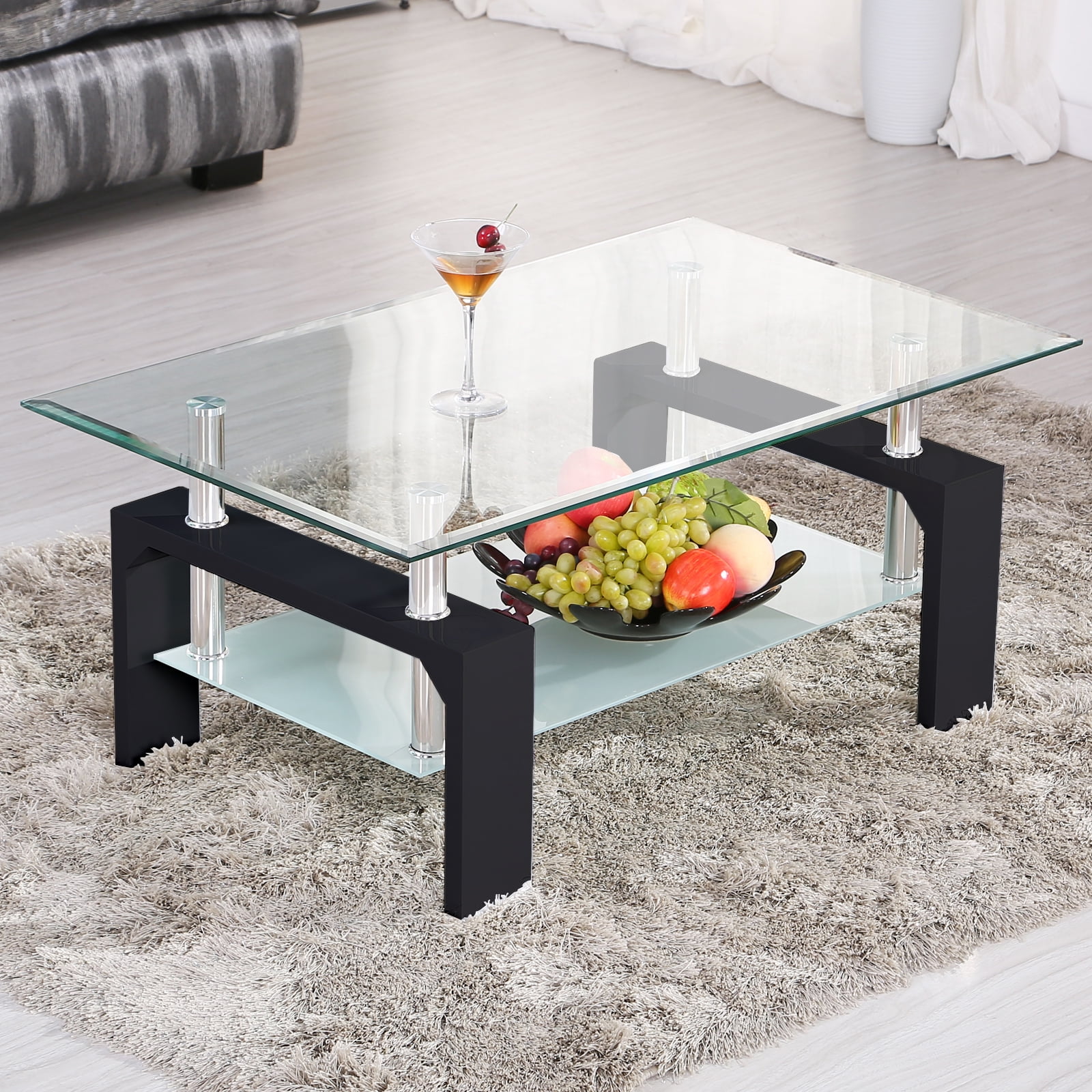 Black-100CM Glass living Room Coffee Table Black Modern Rectangle With Lower Shelf Black 