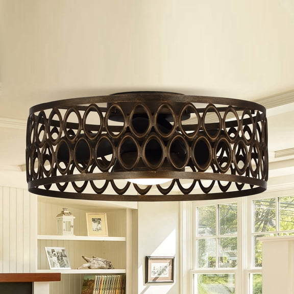 Parrot Uncle 21 inch Antique Bronze Caged Flush Mount LED Ceiling Fan with Remote Control, Low Profile Ceiling Fan with Light for Bedroom
