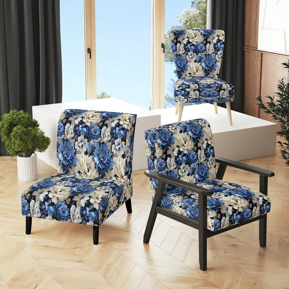 Designart "Renaissance Florals: Blue Victorian Elegance I" Blue Floral Upholstered Accent Chair - Cottage Arm Chair For Bedroom