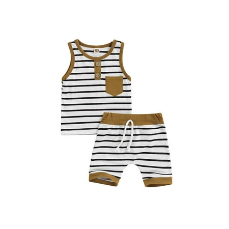 

Bebiullo Newborn Infant Baby Boy Summer Clothes Stripe Sleeveless Vest Tops+Shorts Casual Outfits Yellow 6-12 Months