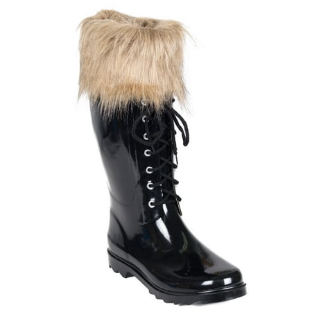 Women Rubber Rain Boots, Faux Fur Mock Sock &